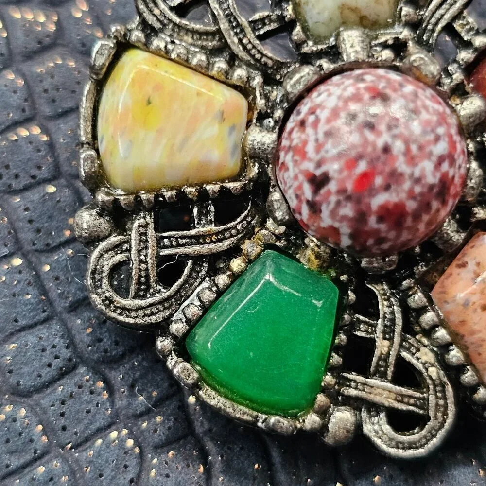 Vintage Multicolor Gemstone Brooch Pin Metalwork Circular Design Jewelry - Picture 2 of 7